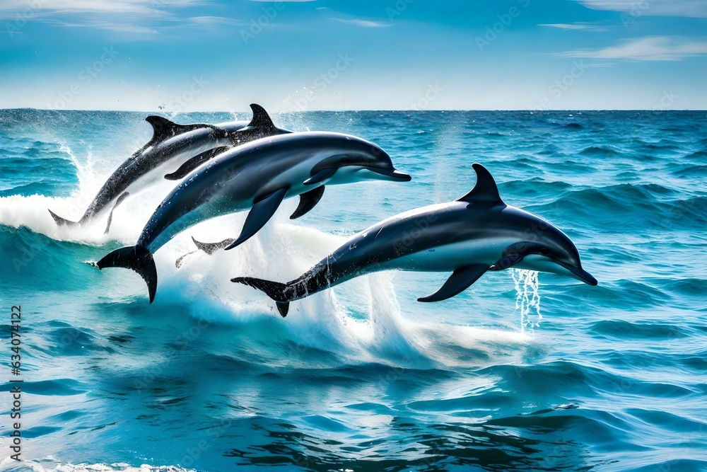 Fototapeta premium dolphin jumping out of water, dolphin jumping in the sea, Dolphins Jumping out of Water, 