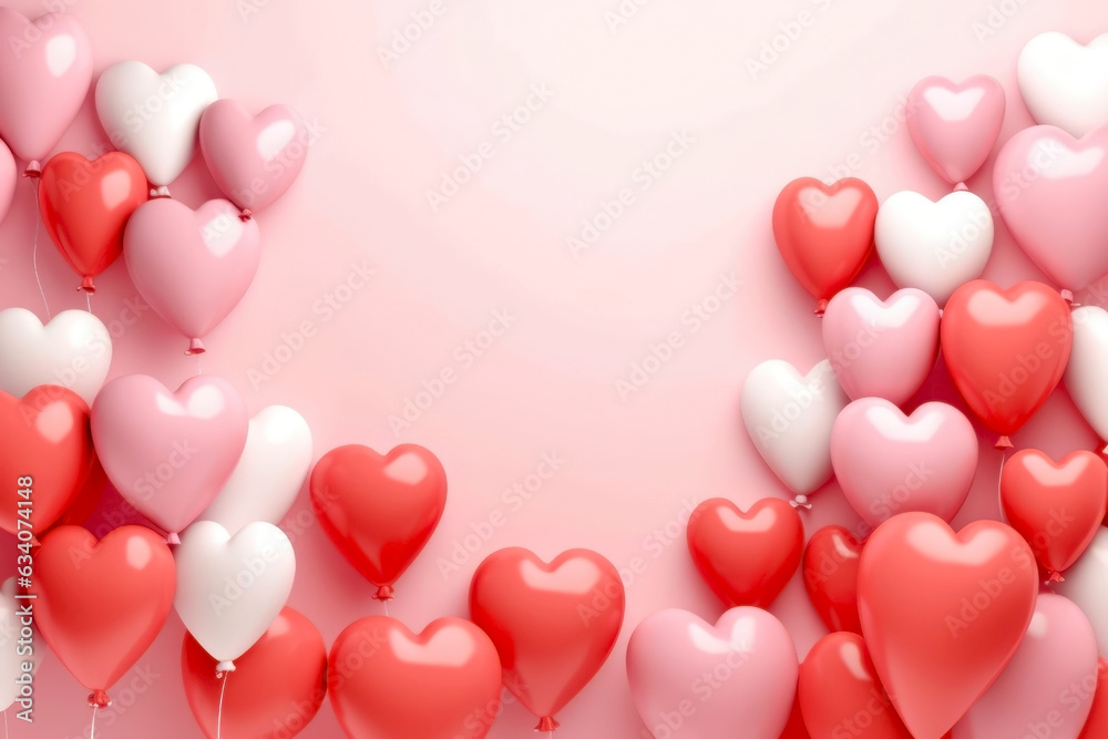 Valentines day background with red and white heart-shaped balloons. Generative AI.