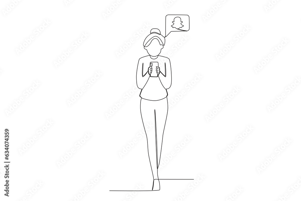 Single continuous line drawing of a women who use using snapchat social media while walking
Single continuous line drawing of a women who use using snapchat social media while walking