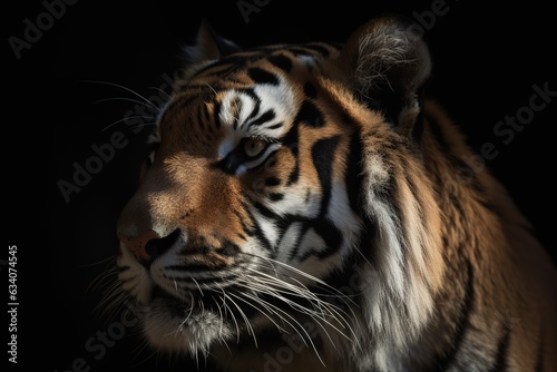 Photo close up on tiger panthera tigris sumatrae on black background
