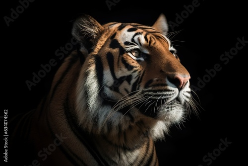 Photo close up on tiger panthera tigris sumatrae on black background © abstract Art