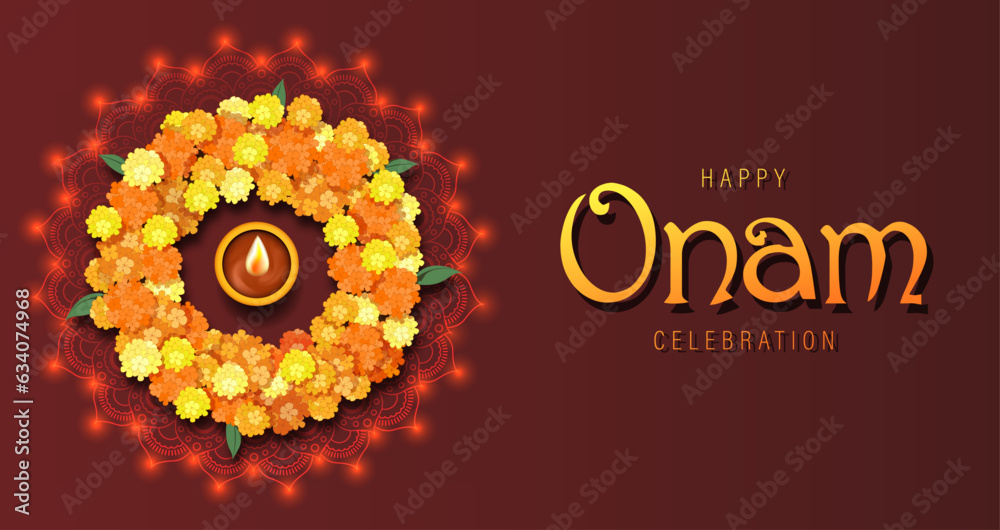 Happy Onam Poster Design with Marigold Rangoli