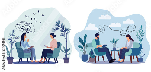 Counseling theme: A lady in a therapy session at a psychologists clinic. Conversation with a mental health professional about stress, addiction, and mind challenges. Vector © YustynaOlha