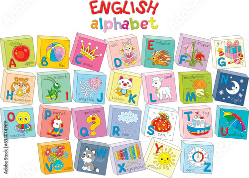 Colorful English alphabet cubes for little kids with funny animals  toys  plants and home things  a set of vector cartoon illustrations on a white background
