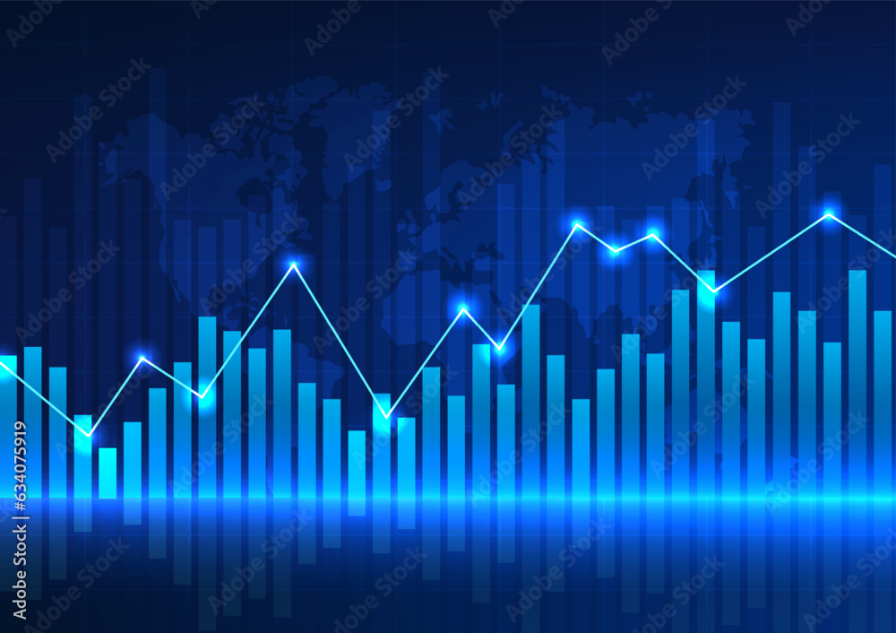 Technology background with price charts used to measure the growth, profit, and loss of the company Vector illustration blue line graph Bar graph behind the world map