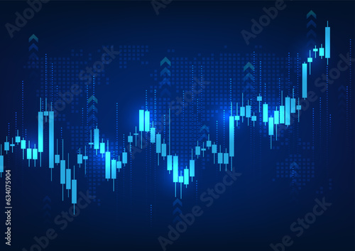 Graph technology background It is a technology that shows the growth price of a company in the stock market. Vector illustration of a candlestick chart with a blue rising arrow behind a world map. © K illustrator Photo