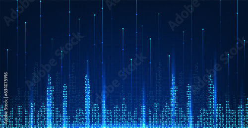 Smart city technology in the form of pixels with lines that connect with the city in a unique way. conveys the technology of A city that takes advantage of modern and intelligent technology innovation