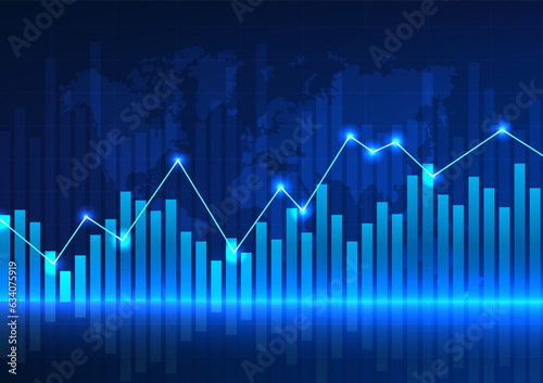 Technology background with price charts used to measure the growth, profit, and loss of the company Vector illustration blue line graph Bar graph behind the world map