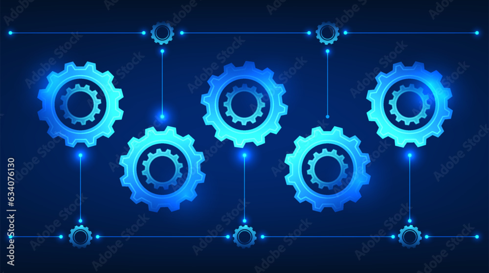 Gear technology illustration set of multiple gears with connected lines. It conveys the drive for technology to develop, to work together to help think and work in order to achieve the desired goals.