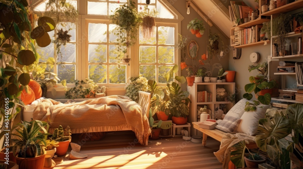 tidy room filled with indoor houseplants, cozy cottage, warm colors