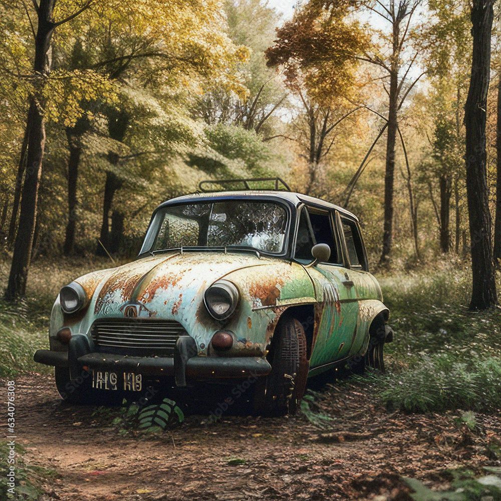 An old worn out car in the cinematic jungle. cinematic .old car in the desert An old worn out car in the cinematic jungle. cinematic .old car in the desert
