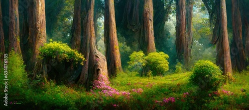 Enchanted magic forest, majestic ancient old trees, mystical woodland glade in warm autumn colors. colorful flowers and green grass, dreamy fairytale fantasy wonderland - generative AI  © SoulMyst