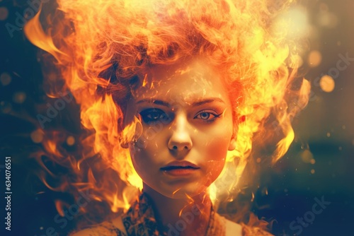 Abstract portrait of a young woman with fire. Generative AI