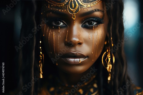 Portrait of a beautiful dark-skinned girl with fantasy bright makeup. Generative AI © Elen Nika