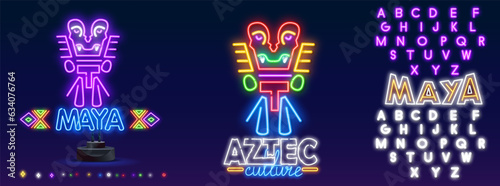 Glowing neon Mexican mayan or aztec mask icon isolated on brick wall background. Vector