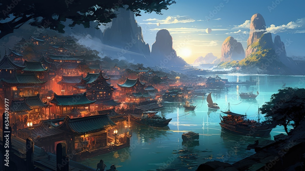 beautiful floating village in the evening sunlight