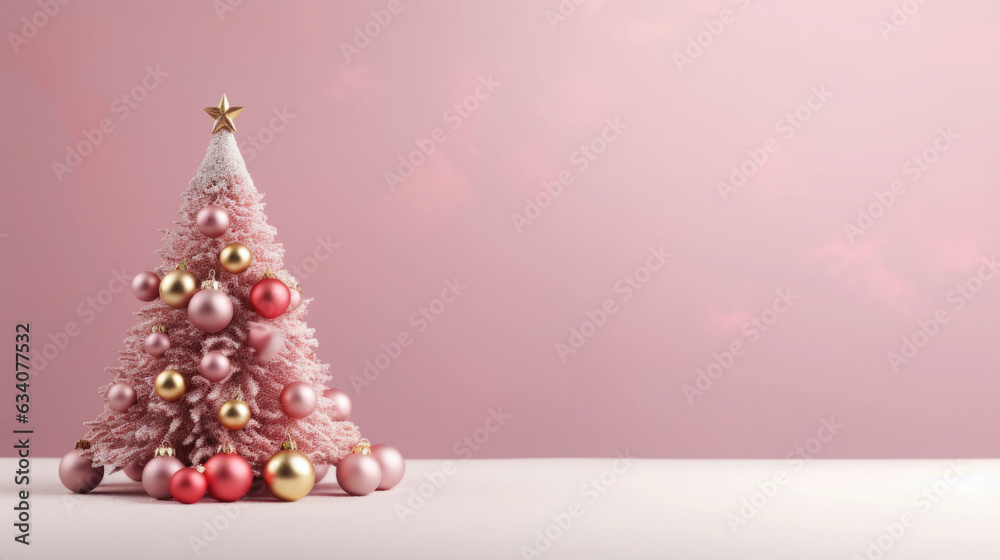 Small pink christmas tree with lights and glass balls. AI generated