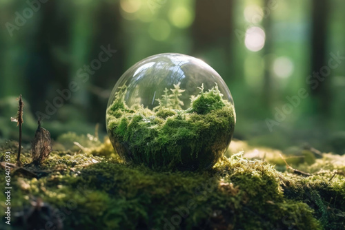 Crystal ball with plants on moss in forest environmental. Earth day concept. Generative AI