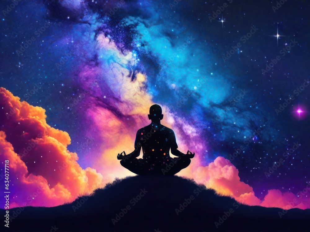 Back of man practicing yoga at night with starlit background.generative AI
