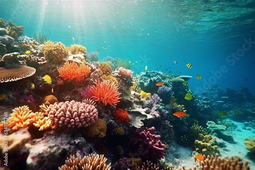 Underwater view of coral reef and tropical fish. Radiant sea with sun reflection.