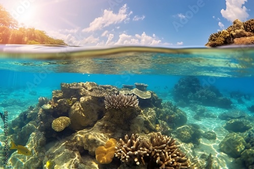 Underwater view of coral reef and tropical fish. Radiant sea with sun reflection.