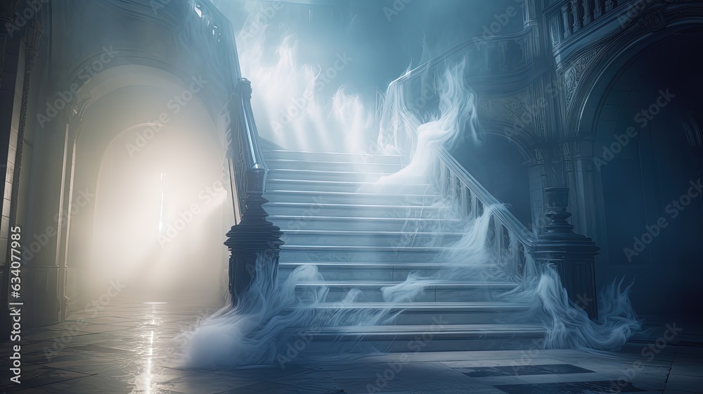 beautiful ancient marble staircase in art deco style, with dry ice mist flowing down the stairs, gateway to heaven