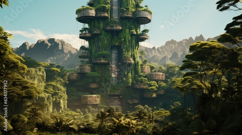 nature forest tower of babylon with minimalist hexagonal offset structure