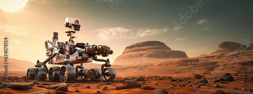 The rover explores the surface of Mars, copy space. Created using Generative AI technology.