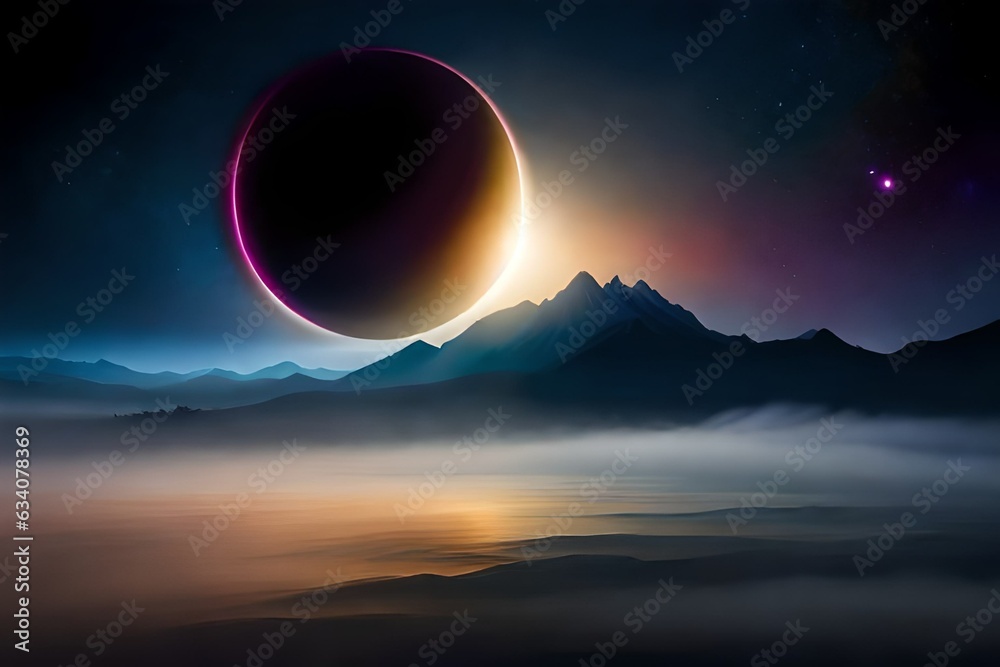 the planet in space Vector illustration of neon blue, yellow, green, purple blazing star edge behind planet in dark sky. 