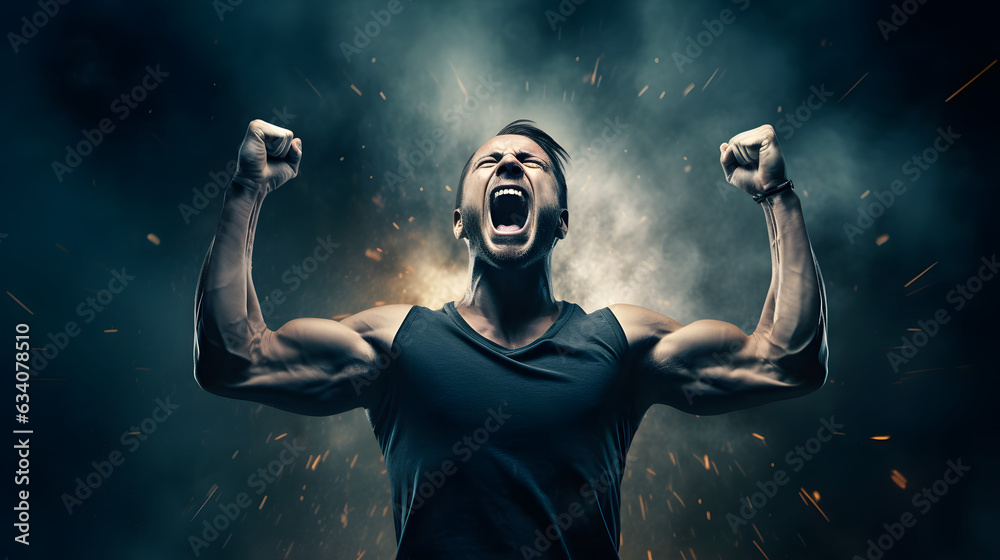 © Prasanth - Strong athlete raises hands up and screams with energy he is feeling © Prasanth - Strong athlete raises hands up and screams with energy he is feeling
