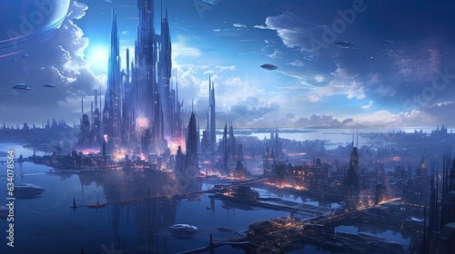 Beautiful science-fiction future city painting
