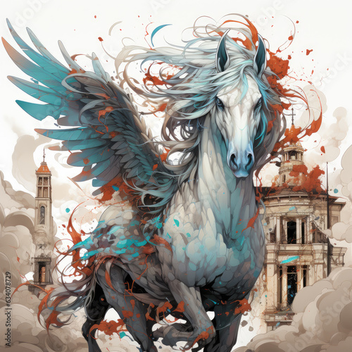 An artistic Horse Pegasus t-shirt design, inspired by Greek mythology, with the creature in flight over an ancient cityscape, Generative Ai
 photo