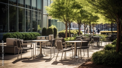 outdoor plaza of a contemporary downtown office building outdoor seating and tables and chairs with landscaping natural grasses and trees small stand alone coffee shop photo