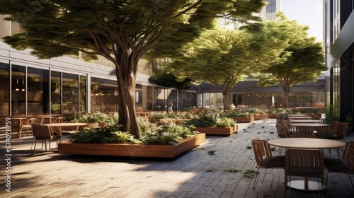 outdoor plaza of a contemporary downtown office building outdoor seating and tables and chairs with landscaping natural grasses and trees small stand alone coffee shop