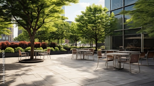 outdoor plaza of a contemporary downtown office building outdoor seating and tables and chairs with landscaping natural grasses and trees small stand alone coffee shop © medienvirus