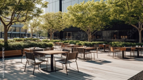 outdoor plaza of a contemporary downtown office building outdoor seating and tables and chairs with landscaping natural grasses and trees small stand alone coffee shop
