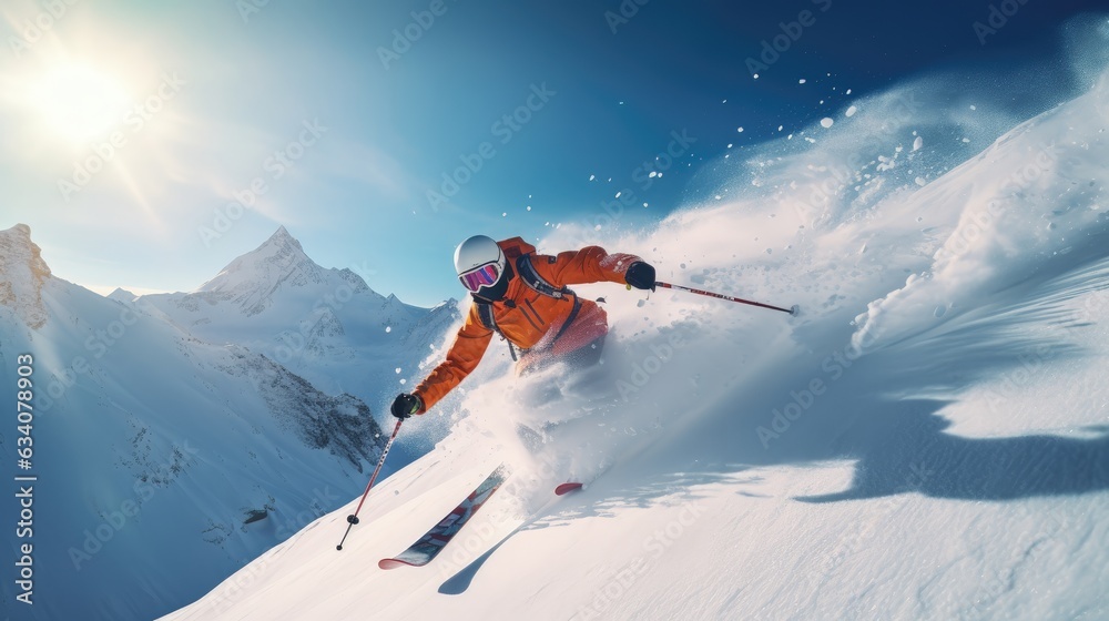 Professional skier showed a graceful gliding posture on the snow mountain