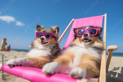 Travel and tourism concept suitable for dog and puppy vacationing in sunglasses on a white sand beach chair against a beautiful blue sky and turquoise sea.