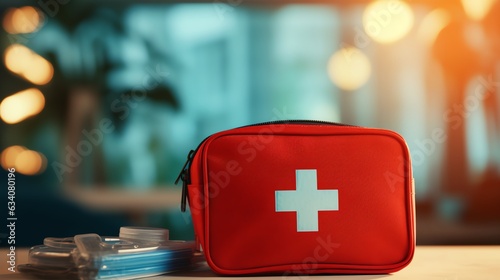 Red first aid kit bag with copy space for text