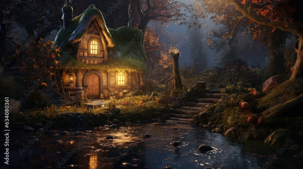 halloween haunted house in the forest, swamp witch hut