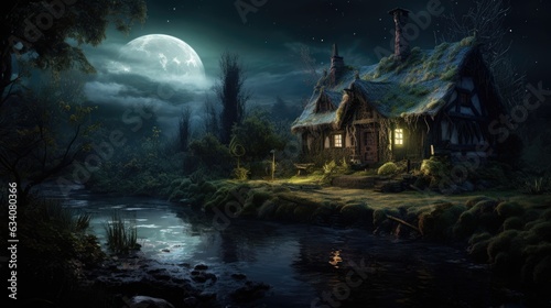 Photographie halloween haunted house in the forest, swamp witch hut