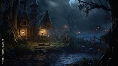 halloween haunted house in the forest, swamp witch hut © medienvirus