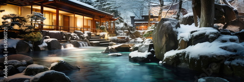 Onsen ryokan or a traditional classic modern Japanese house with Japanese garden in wintertime. Wide format. Generative AI.
 photo