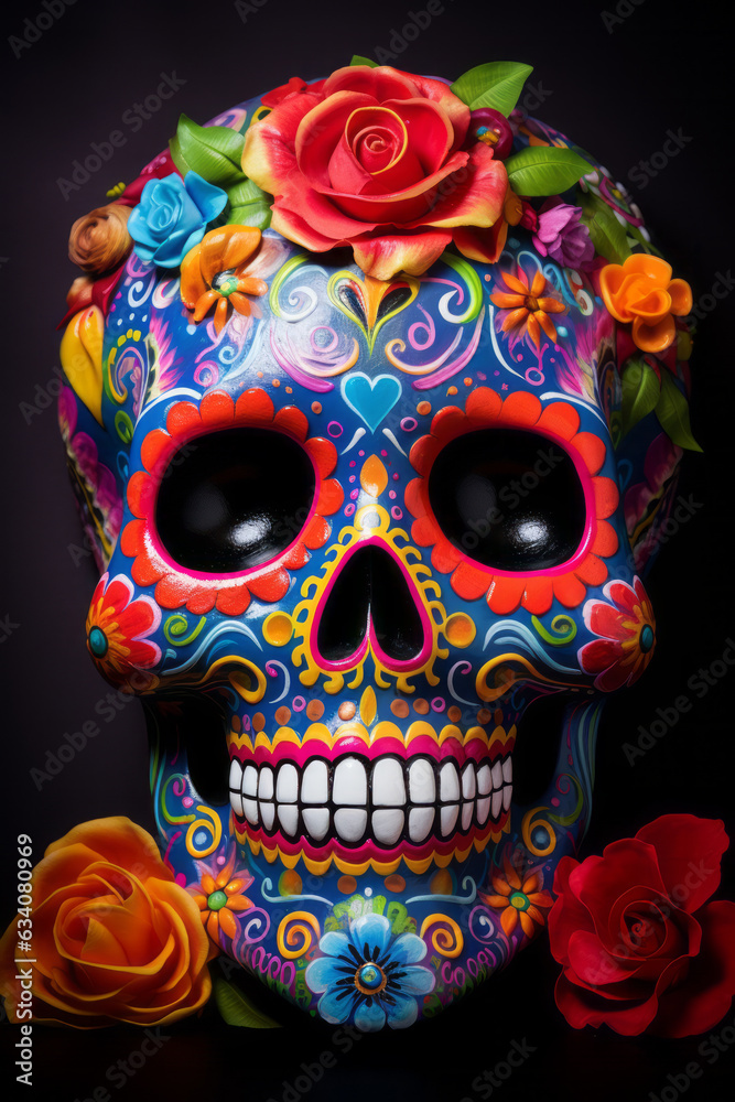 Colorful painted porcelain sugar skull for Day of the Dead celebration