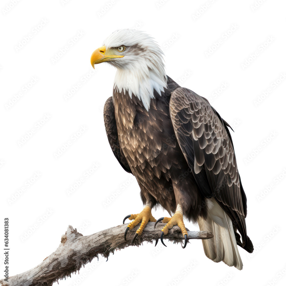 Eagle sitting on branch isolated on white background, AI Generated Eagle sitting on branch isolated on white background, AI Generated