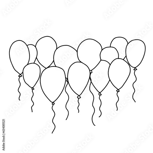 Doodle air balloons set. Cute simple doodle line art air balloon party, birthday, graduation greeting card coloring page design element
