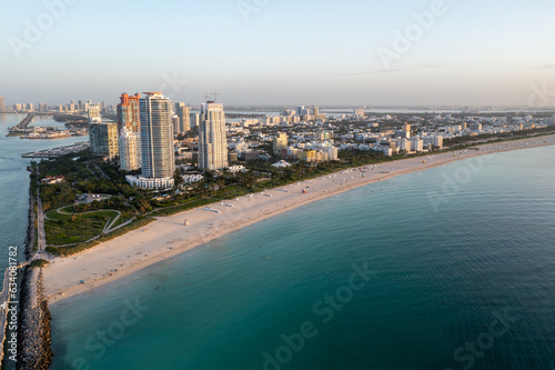 Aerial view of South Beach and South Pointe Park in Miami Beach, Florida at sunrise on calm clear summer morning. © Francisco