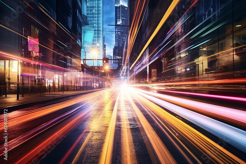 Abstract colorful long exposure image of car headlights traveling on a highway at night. Beautiful night view of a big city with shining scenery in the background.