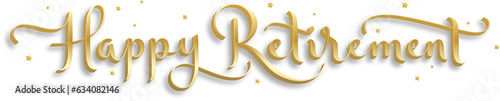 HAPPY RETIREMENT metallic gold brush calligraphy banner with stars on transparent background