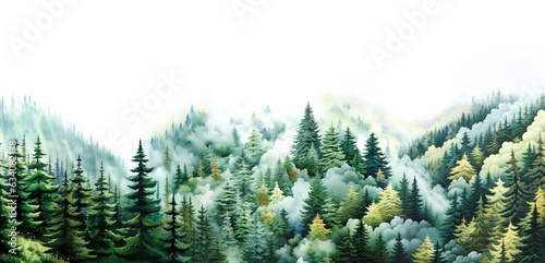 Watercolor painting of green coniferous trees  cloud forest in Alps  mountains  expandable banner  bottom image  top white background  generative ai